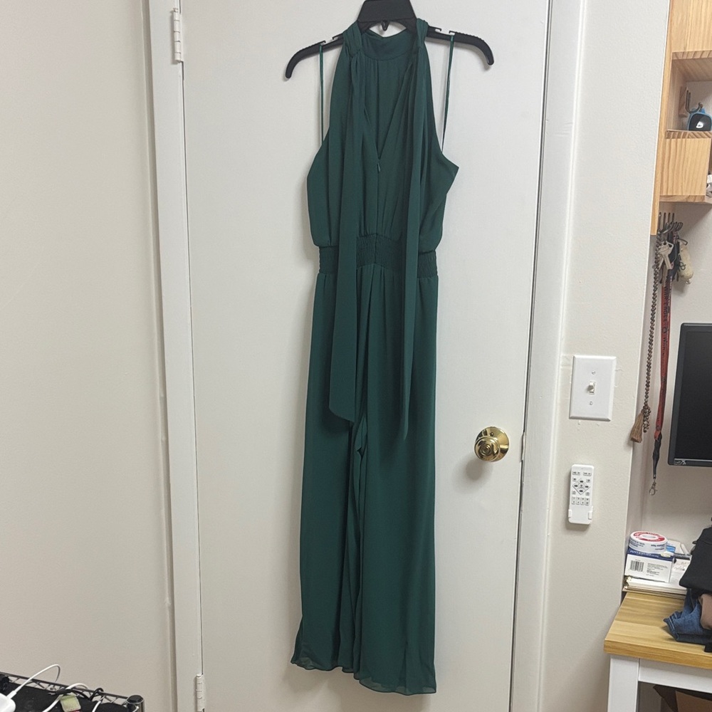 Vince Camuto Womens Georgette Smocked Halter Jumpsuit Green XS Dress - Picture 3 of 10